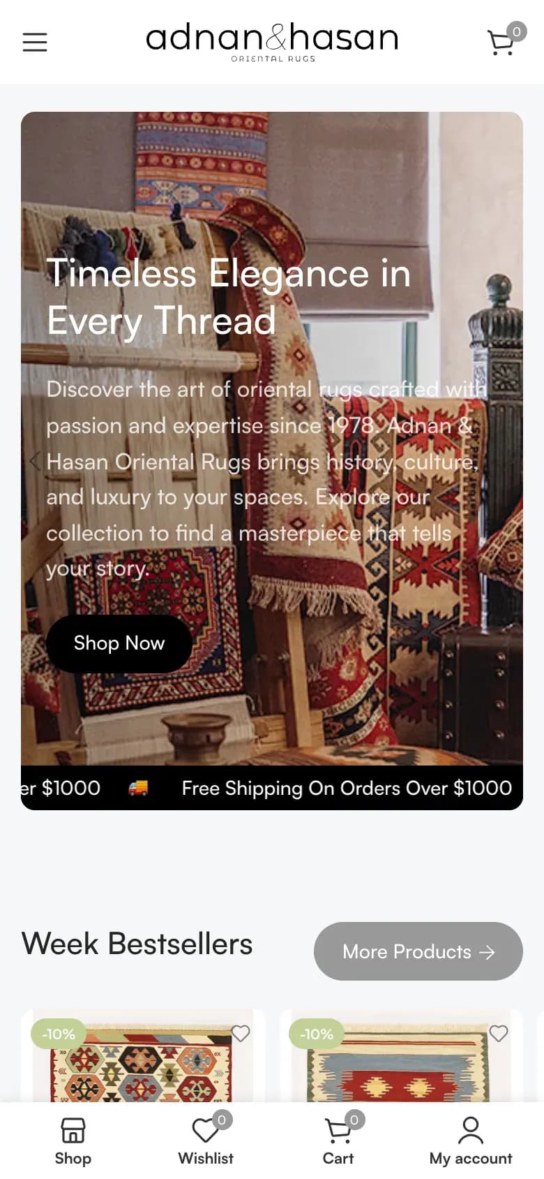 Adnan&Hasan Oriental Rugs web sitesi, telefonda ilk ekran