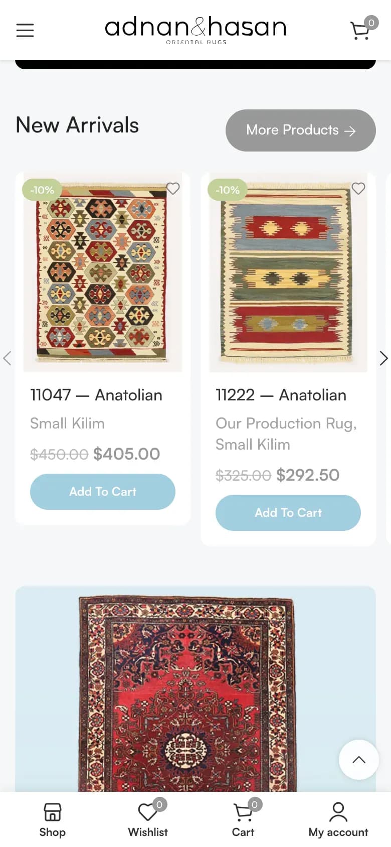 Adnan&Hasan Oriental Rugs web sitesi, telefonda ana sayfanın devamı