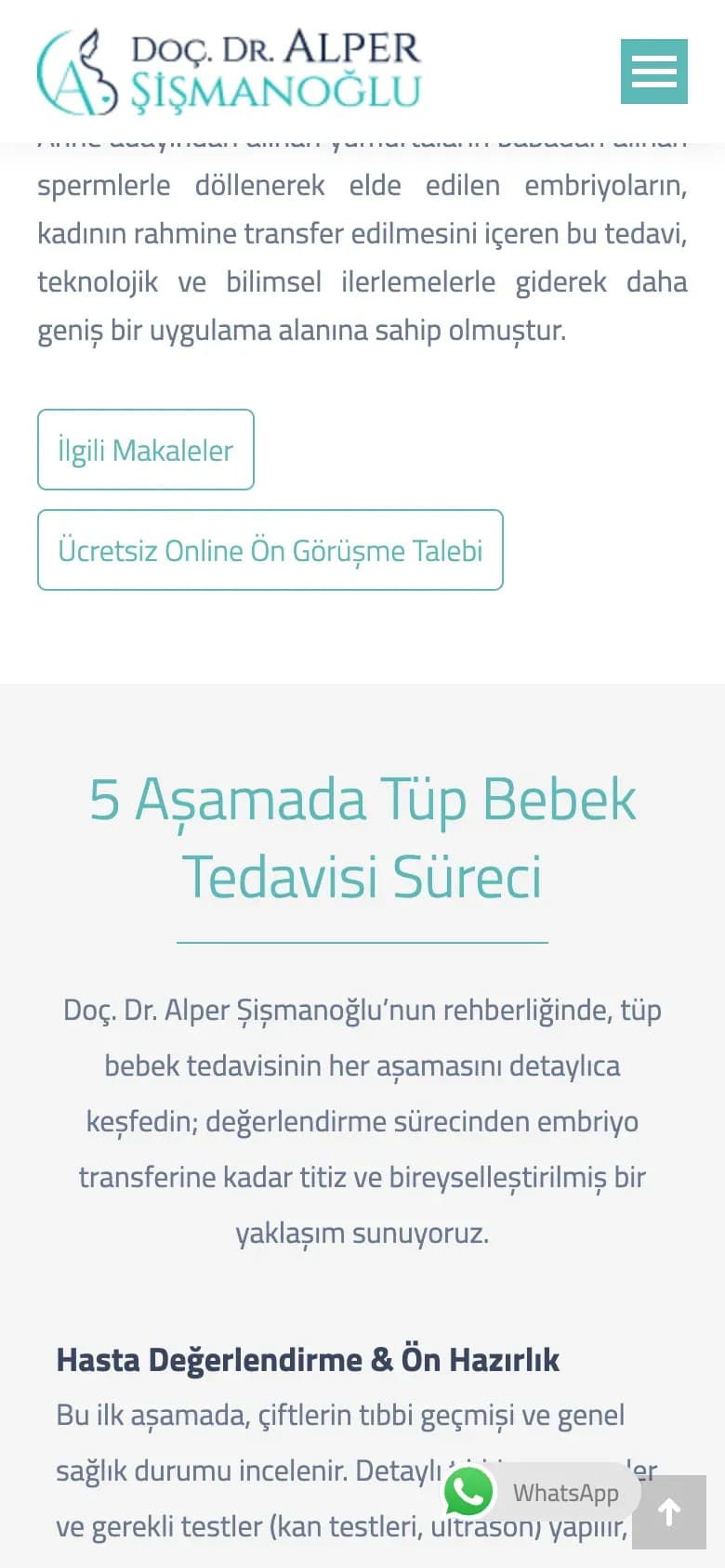 Doç. Dr. Alper Şişmanoğlu web sitesi, telefonda ana sayfanın alt bölümü