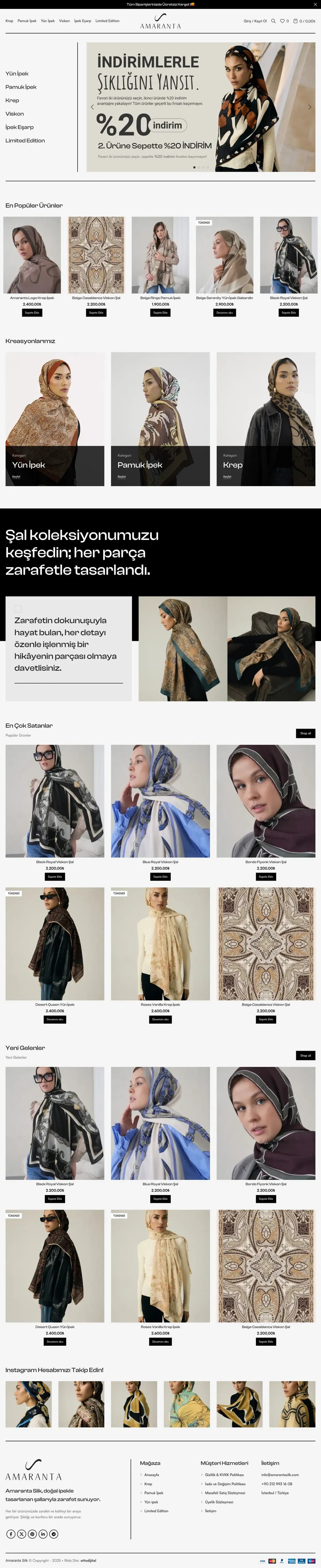 Amaranta Silk web sitesinin ana sayfası, masaüstünde baştan sona