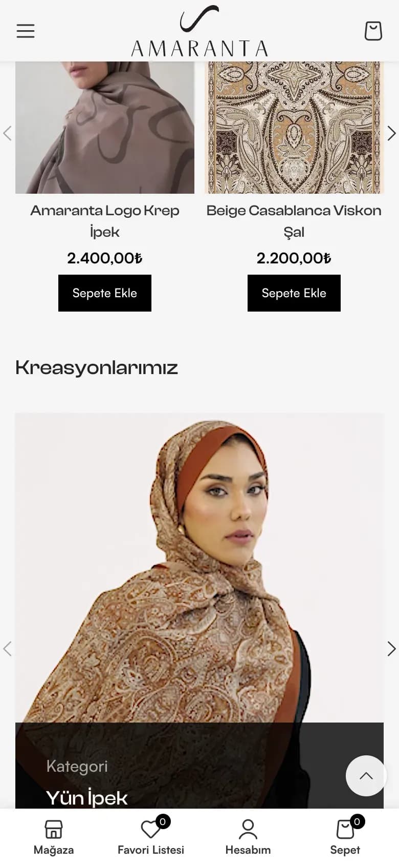 Amaranta Silk web sitesi, telefonda ana sayfanın devamı