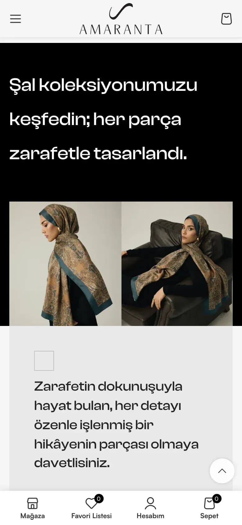 Amaranta Silk web sitesi, telefonda ana sayfanın alt bölümü