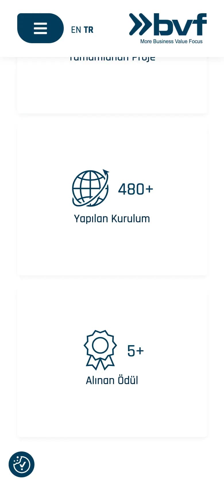 BVF web sitesi, telefonda ana sayfanın alt bölümü