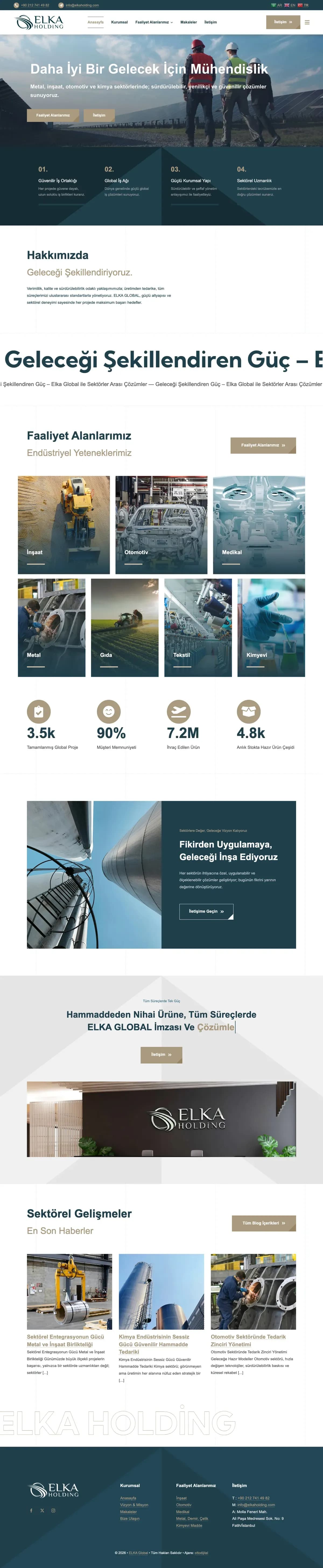Elka Holding web sitesinin ana sayfası, masaüstünde baştan sona