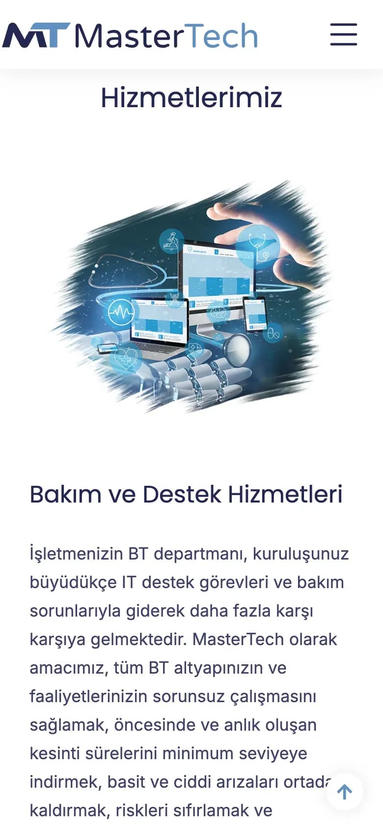 MasterTech web sitesi, telefonda ana sayfanın devamı