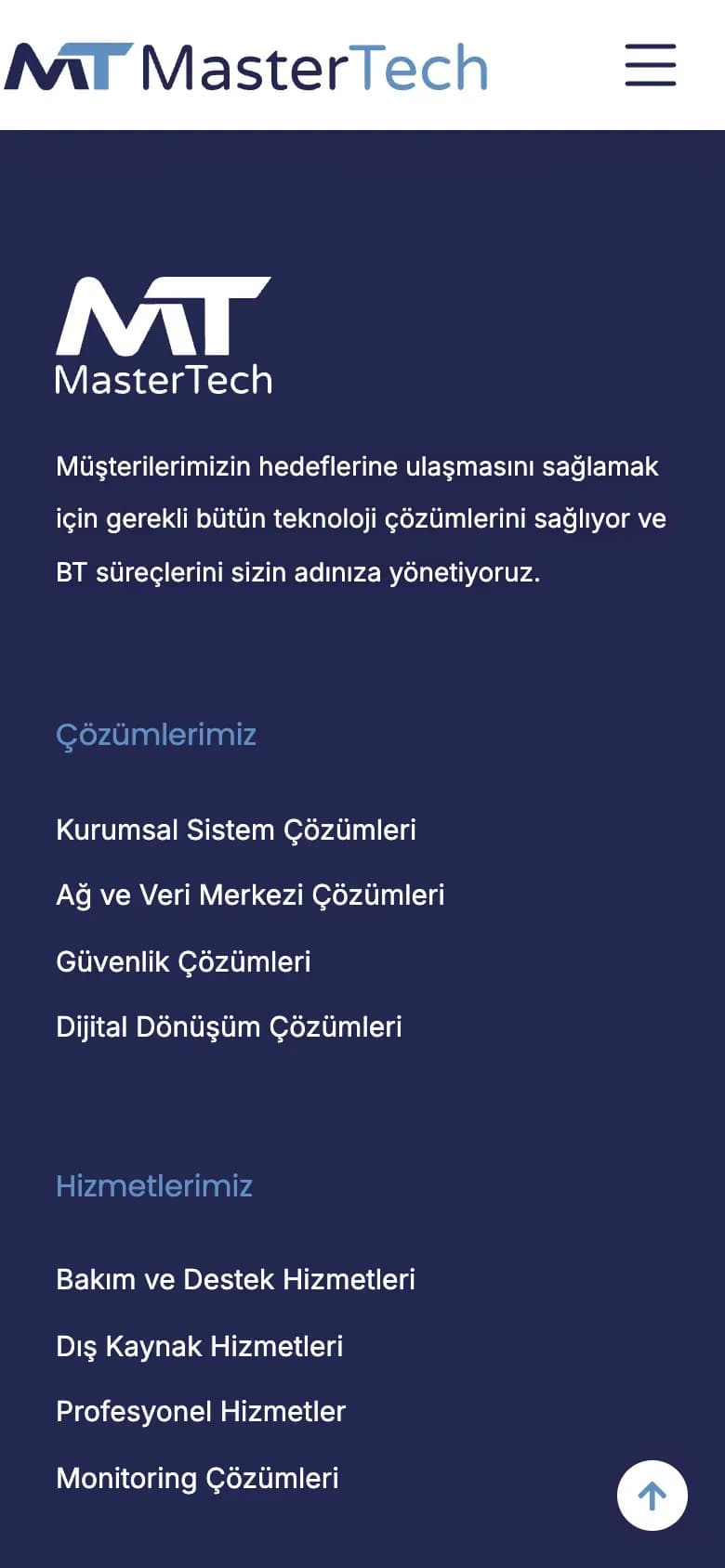 MasterTech web sitesi, telefonda ana sayfanın alt bölümü