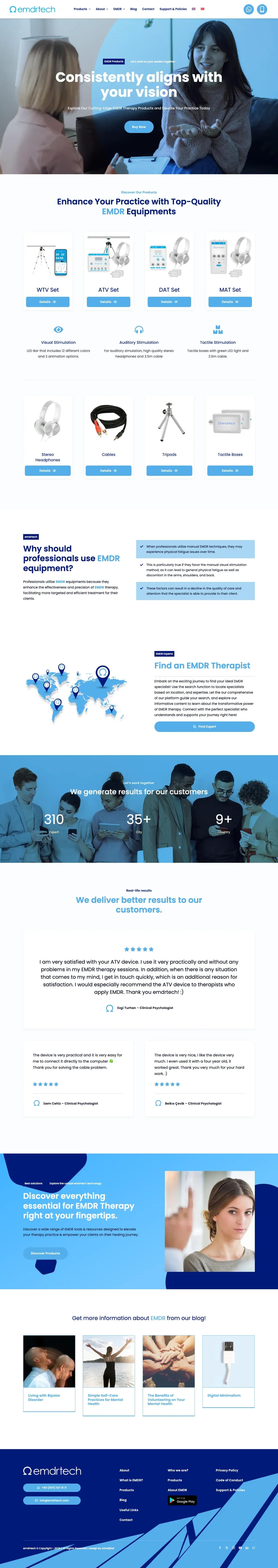 EMDR Tech web sitesinin ana sayfası, masaüstünde baştan sona